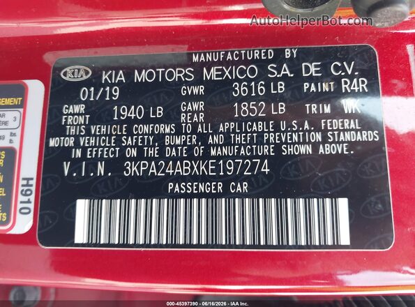 3KPA24ABXKE197274 2019 KIA RIO Красный Вид подкапотного пространства