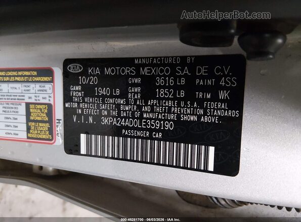 3KPA24AD0LE359190 2020 KIA RIO Silver Engine compartment view
