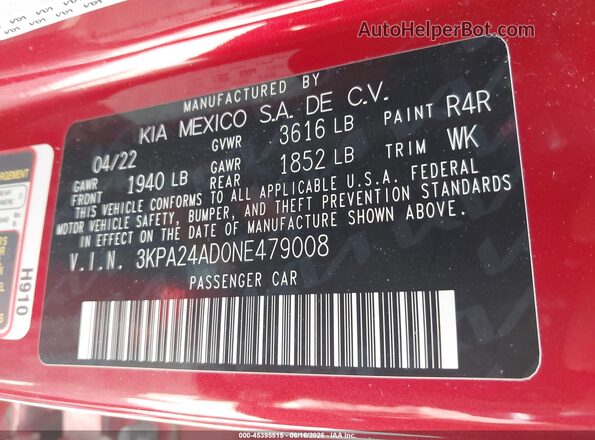 3KPA24AD0NE479008 2022 KIA RIO Red Engine compartment view