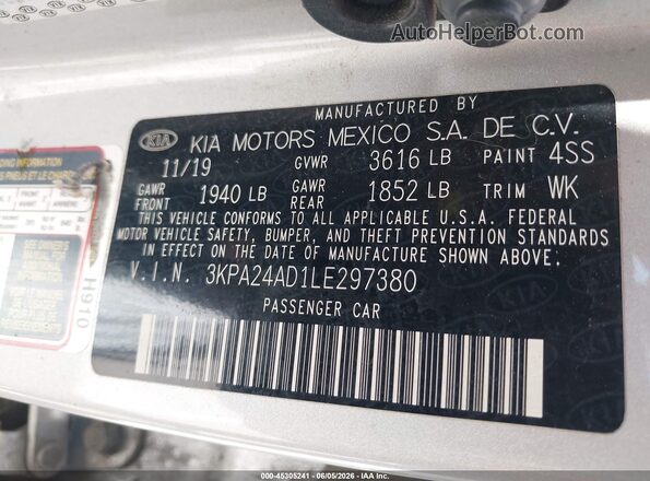 3KPA24AD1LE297380 2020 KIA RIO Silver 