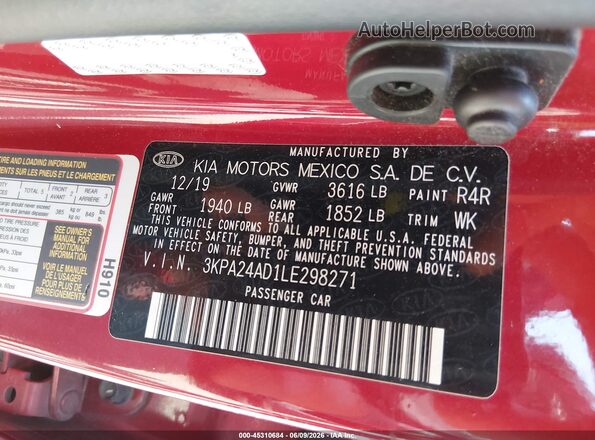 3KPA24AD1LE298271 2020 KIA RIO Red Vista del compartimento del motor
