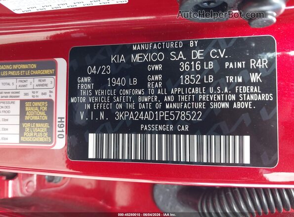3KPA24AD1PE578522 2023 KIA RIO Красный Вид подкапотного пространства