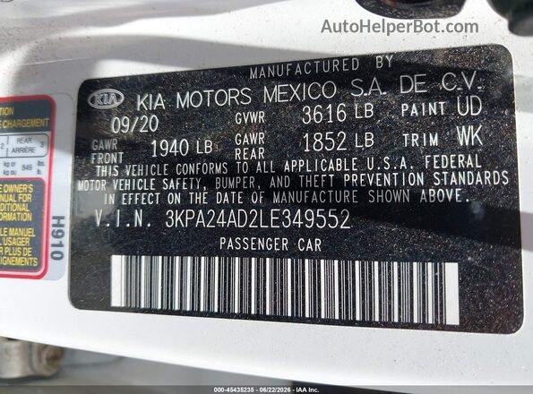 3KPA24AD2LE349552 2020 KIA RIO Белый Вид подкапотного пространства