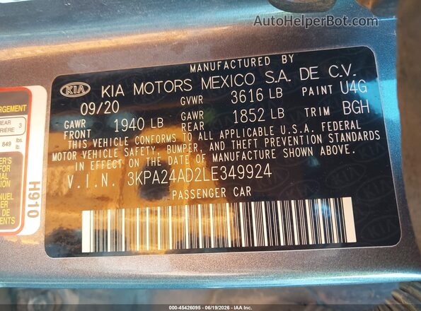 3KPA24AD2LE349924 2020 KIA RIO Серый Вид подкапотного пространства
