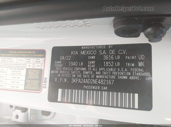 3KPA24AD2NE482167 2022 KIA RIO White Engine compartment view