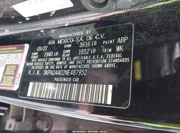 3KPA24AD2NE487952 2022 KIA RIO Black Вид підкапотного простору