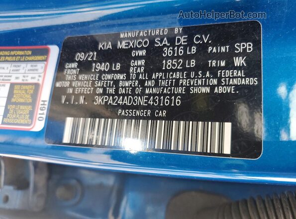 3KPA24AD3NE431616 2022 KIA RIO Blue Vista de la etiqueta del VIN