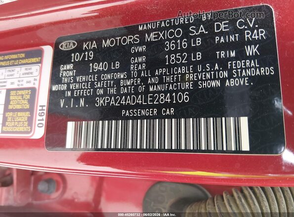 3KPA24AD4LE284106 2020 KIA RIO Red Vista del compartimento del motor