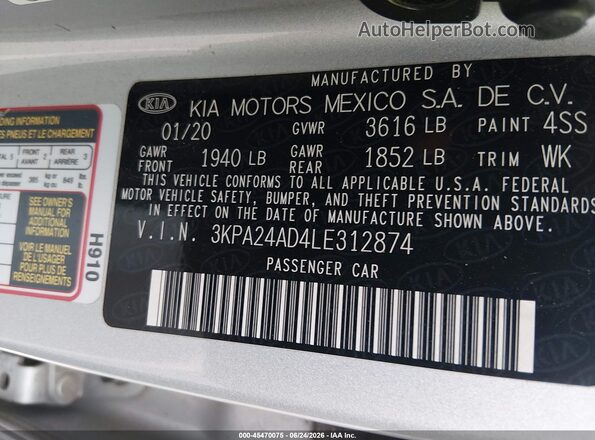 3KPA24AD4LE312874 2020 KIA RIO Silver Widok komory silnika