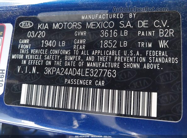 3KPA24AD4LE327763 2020 KIA RIO Blue Вид підкапотного простору