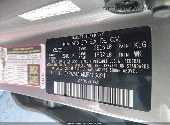 3KPA24AD4ME406691 2021 KIA RIO Gray Շարժիչի բաժամունքի տեսք