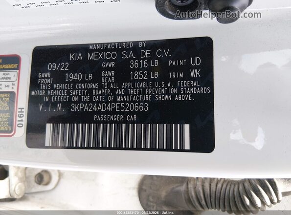 3KPA24AD4PE520663 2023 KIA RIO White Շարժիչի բաժամունքի տեսք