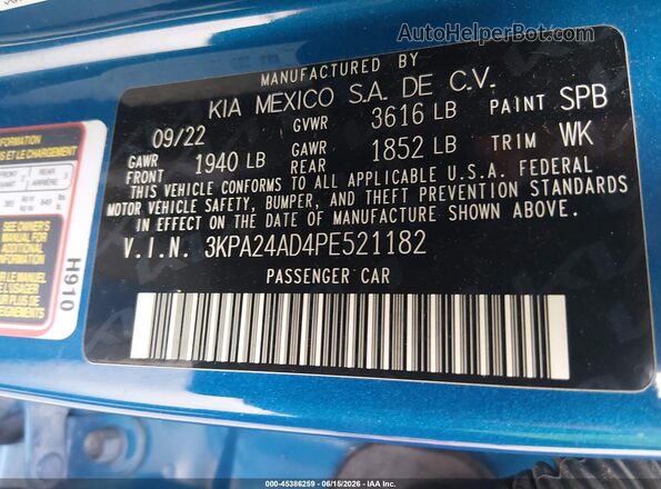 3KPA24AD4PE521182 2023 KIA RIO Blue Вид підкапотного простору