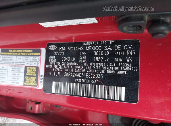 3KPA24AD5LE318036 2020 KIA RIO Red Vista del compartimento del motor