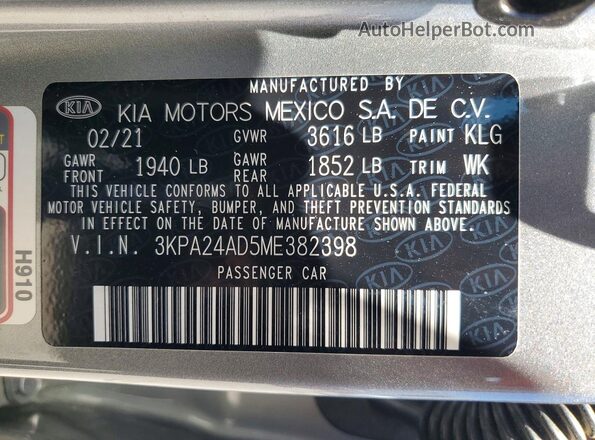 3KPA24AD5ME382398 2021 KIA RIO Gray Engine compartment view