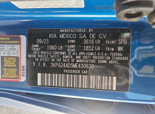 3KPA24AD5ME430630 2021 KIA RIO Blue 