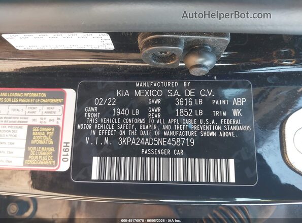 3KPA24AD5NE458719 2022 KIA RIO Black Շարժիչի բաժամունքի տեսք