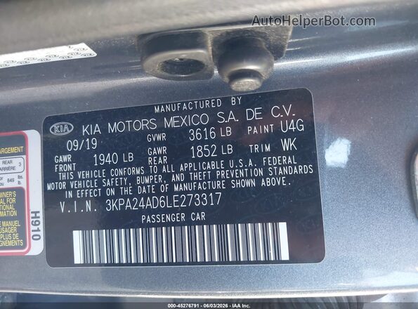3KPA24AD6LE273317 2020 KIA RIO Gray Engine compartment view
