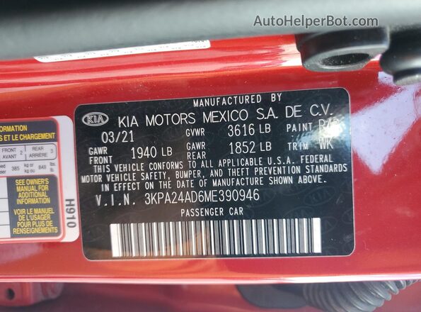 3KPA24AD6ME390946 2021 KIA RIO Red 