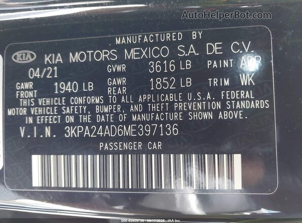 3KPA24AD6ME397136 2021 KIA RIO Black Engine compartment view