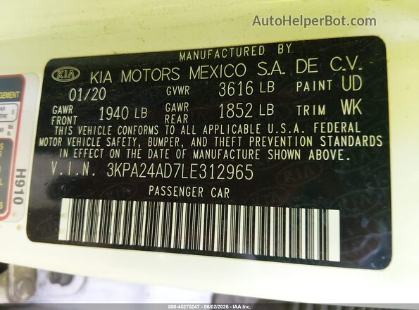 3KPA24AD7LE312965 2020 KIA RIO Белый Вид подкапотного пространства