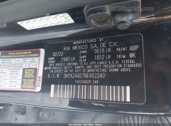 3KPA24AD7NE462240 2022 KIA RIO Black Engine compartment view