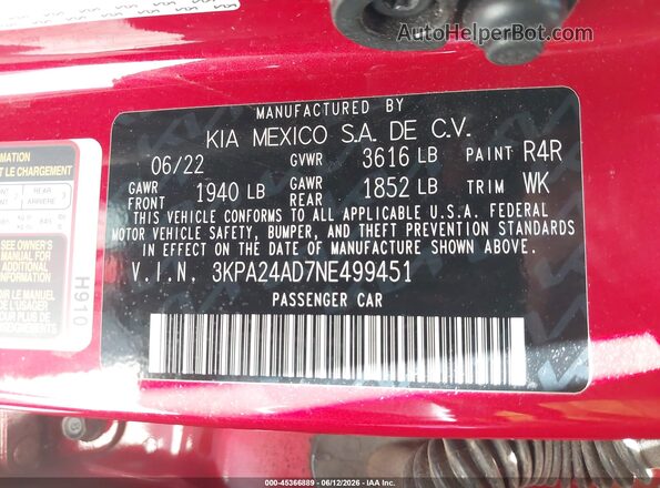 3KPA24AD7NE499451 2022 KIA RIO Red ძრავის განყოფილების ხედი