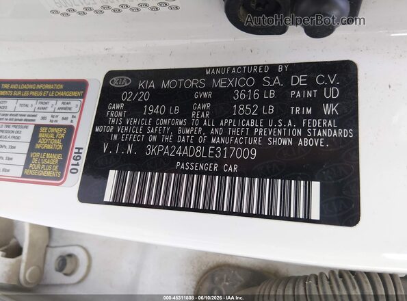 3KPA24AD8LE317009 2020 KIA RIO White Вид наклейки з VIN-кодом