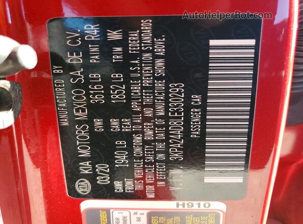 3KPA24AD8LE330293 2020 KIA RIO Red 