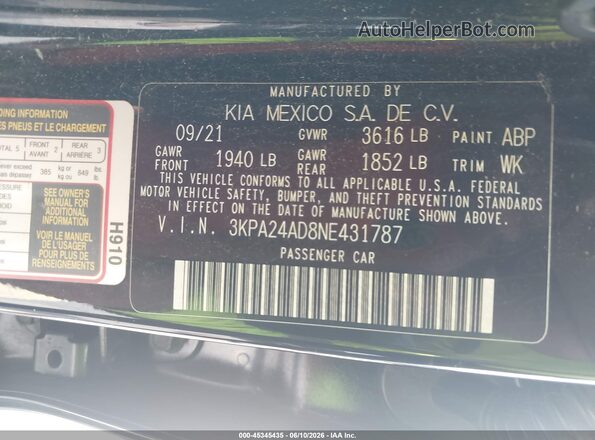 3KPA24AD8NE431787 2022 KIA RIO Black Вид підкапотного простору