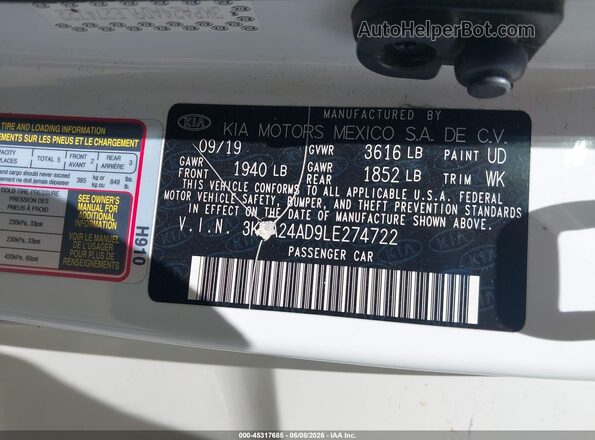 3KPA24AD9LE274722 2020 KIA RIO White Widok komory silnika