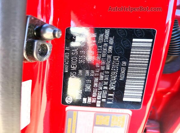 3KPA24AD9LE312143 2020 KIA RIO Red Vista de la etiqueta del VIN
