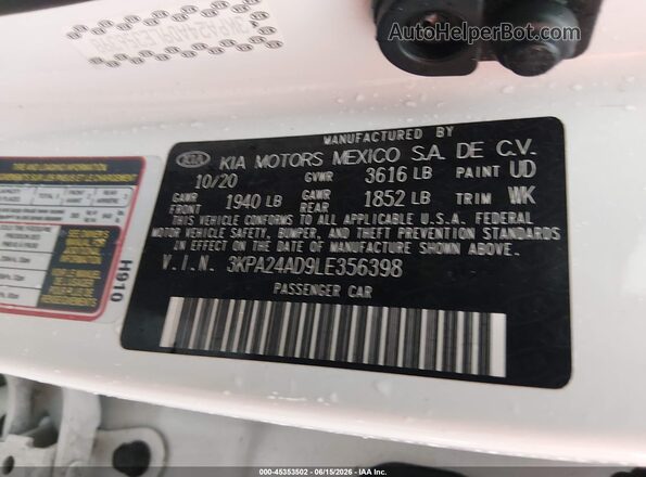 3KPA24AD9LE356398 2020 KIA RIO Белый Вид подкапотного пространства