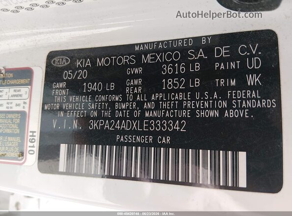 3KPA24ADXLE333342 2020 KIA RIO White Շարժիչի բաժամունքի տեսք