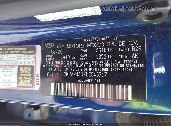 3KPA24ADXLE345717 2020 KIA RIO Синий Вид подкапотного пространства