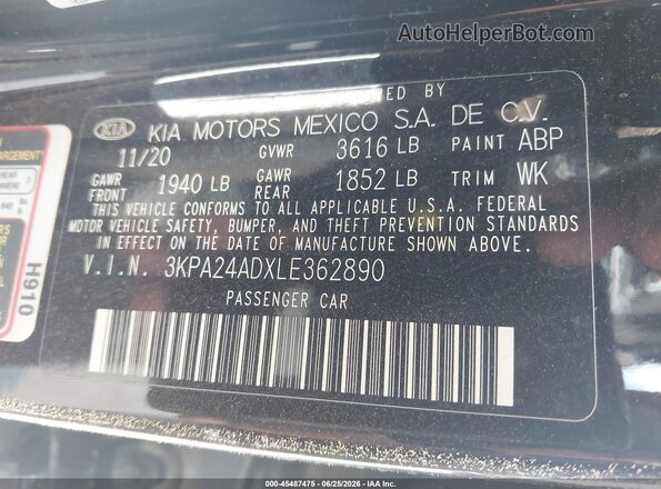 3KPA24ADXLE362890 2020 KIA RIO Black Շարժիչի բաժամունքի տեսք