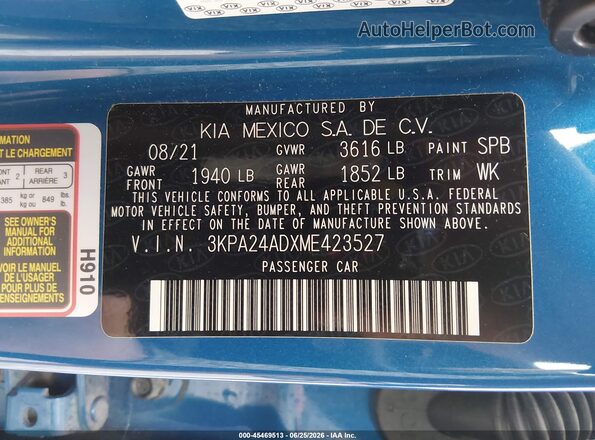 3KPA24ADXME423527 2021 KIA RIO Синий Вид подкапотного пространства