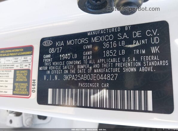 3KPA25AB0JE044827 2018 KIA RIO Белый Вид подкапотного пространства