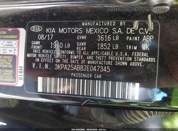 3KPA25AB8JE047345 2018 KIA RIO Black Engine compartment view