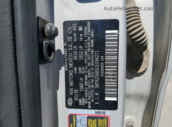 3KPA25AB9JE094271 2018 KIA RIO Silver Շարժիչի բաժամունքի տեսք