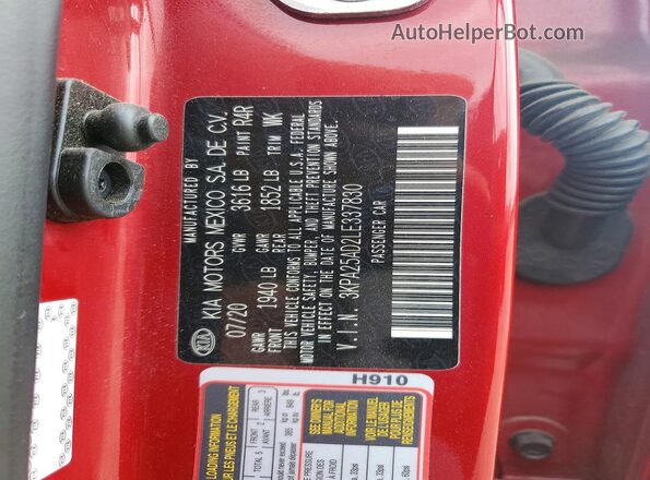 3KPA25AD2LE337830 2020 KIA RIO Red Widok komory silnika