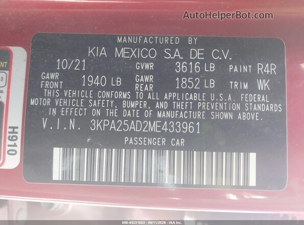 3KPA25AD2ME433961 2021 KIA RIO 5-DOOR Red Вид підкапотного простору