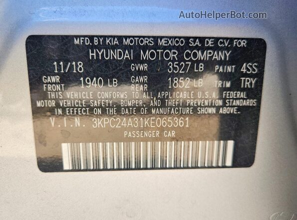 3KPC24A31KE065361 2019 HYUNDAI ACCENT Silver Շարժիչի բաժամունքի տեսք