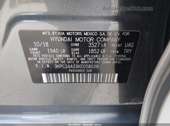 3KPC24A33KE058038 2019 HYUNDAI ACCENT Gray Vista del compartimento del motor