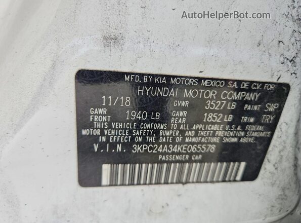 3KPC24A34KE065578 2019 HYUNDAI ACCENT White ძრავის განყოფილების ხედი