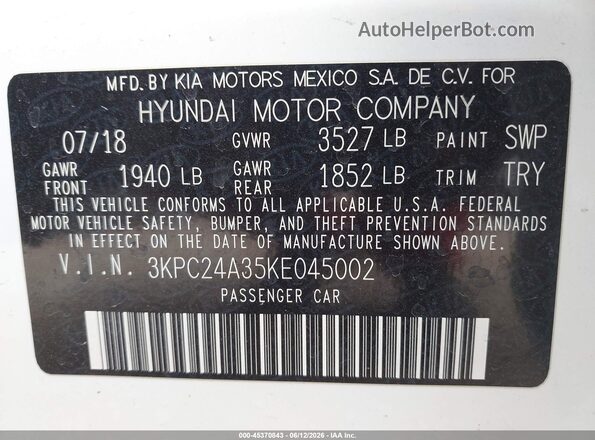 3KPC24A35KE045002 2019 HYUNDAI ACCENT Белый Вид подкапотного пространства