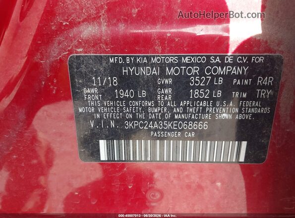 3KPC24A35KE068666 2019 HYUNDAI ACCENT Красный Вид подкапотного пространства