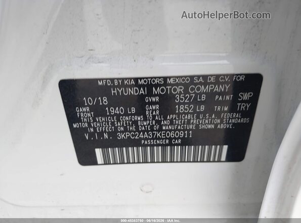 3KPC24A37KE060911 2019 HYUNDAI ACCENT White 