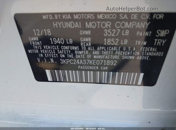 3KPC24A37KE071892 2019 HYUNDAI ACCENT White 