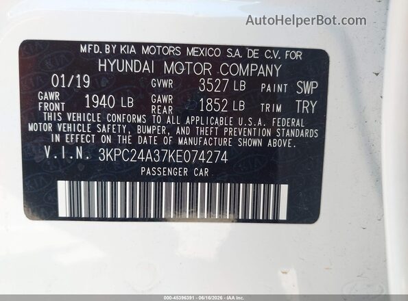 3KPC24A37KE074274 2019 HYUNDAI ACCENT White Vista del compartimento del motor